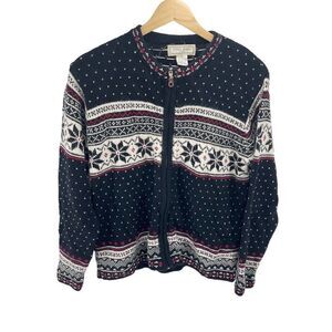 Studio Works Womens Cardigan Sweater Fair Isle Print Zip Black Petite Large